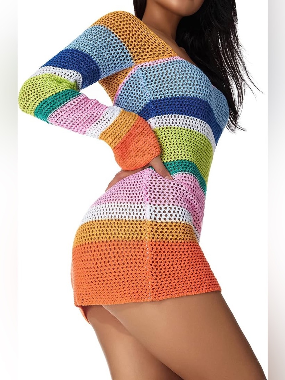 Women’s Multi-Color Crochet Cover-Up Dress - Vibrant Stripe Beachwear